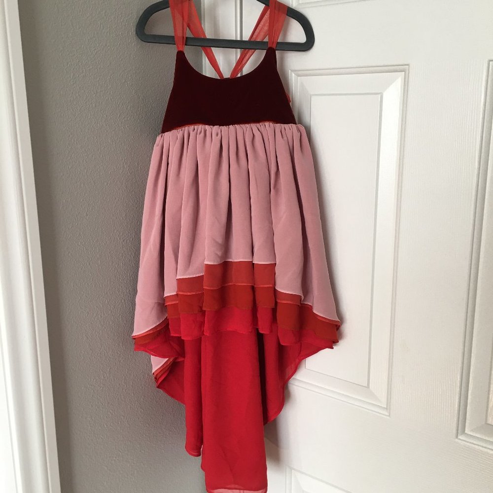 Pleiades maroon velvet top, pink & rust layered chiffon skirt, adjustable strap